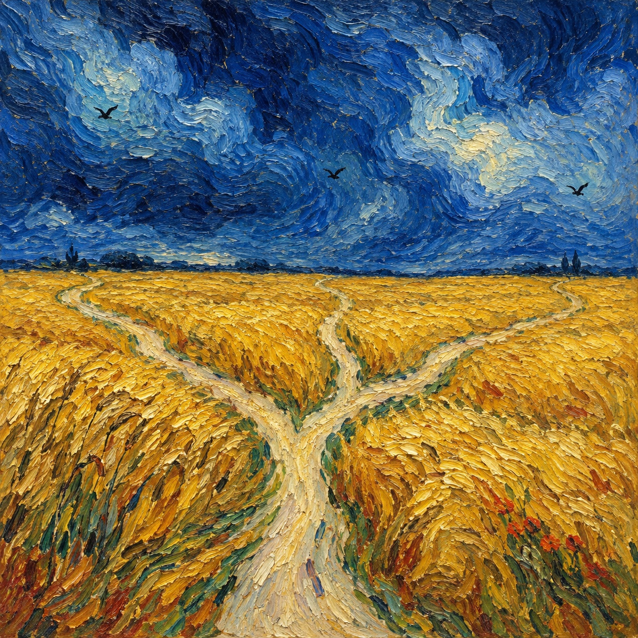 AI-generated painting: Three paths branch through a golden wheatfield beneath a restless sky.