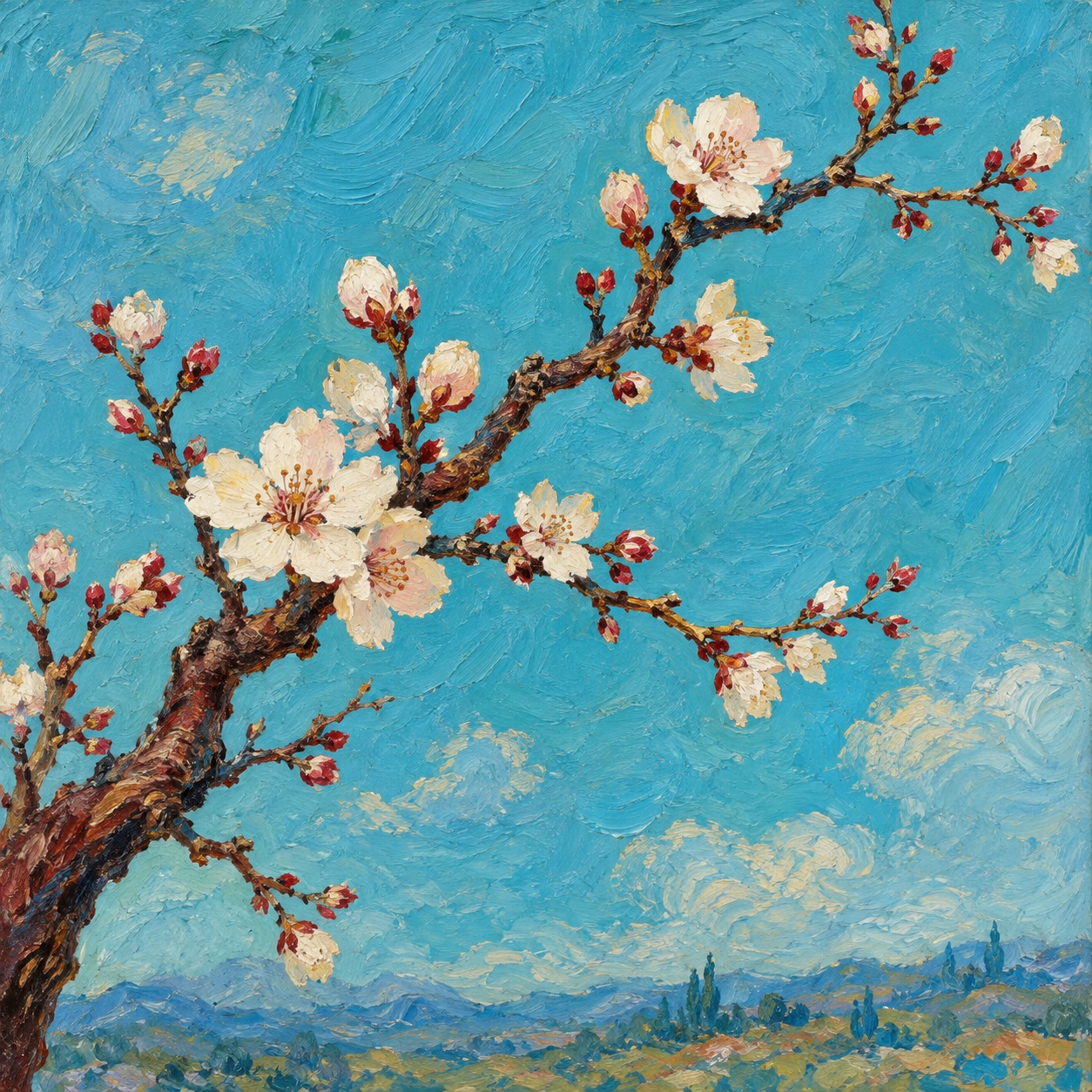 AI-generated painting: Ivory blossoms open along a branch against a turquoise sky.